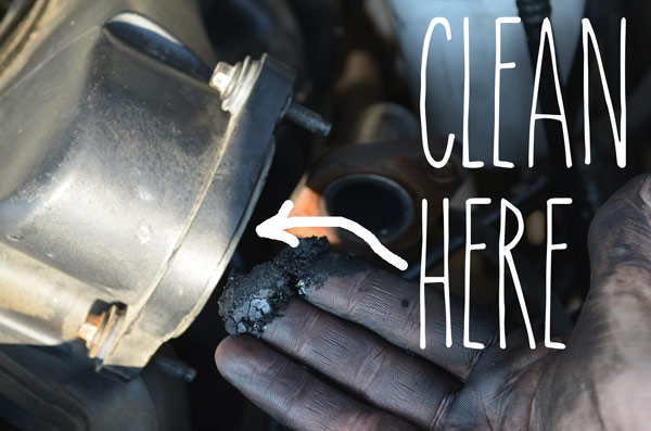 There was also a load of sticky Carbon and oil in the intake manifold. I removed as much as I could from here also. Any build up of stuff in here will also be reducing the air being taken into the engine. How does this happen? It’s like a mixture of carbon and oil, but how does oil get right up here?