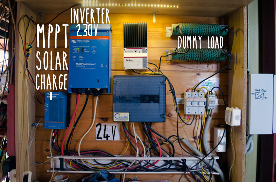 The charging setup is nice; efficient MPPT solar charging and remotely operated turbines fed into about 1ton of lead acid batteries with a big inverter