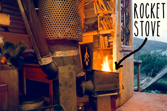 The homemade rocket stove. It has a big heat exchanger, which warms things up really quickly, including water.