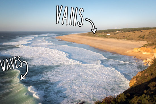 travelling-portugal-by-campervan-beach-nazare-waves-vans