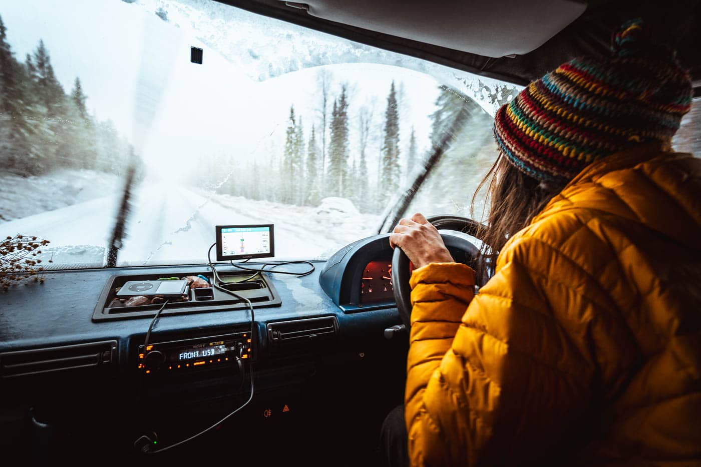driving on icey snow roads in north of sweden