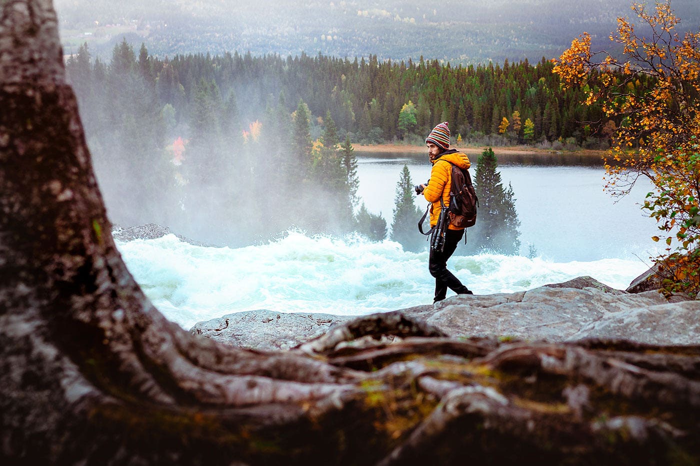 taking photos of Tännforsen waterfall in Sweden