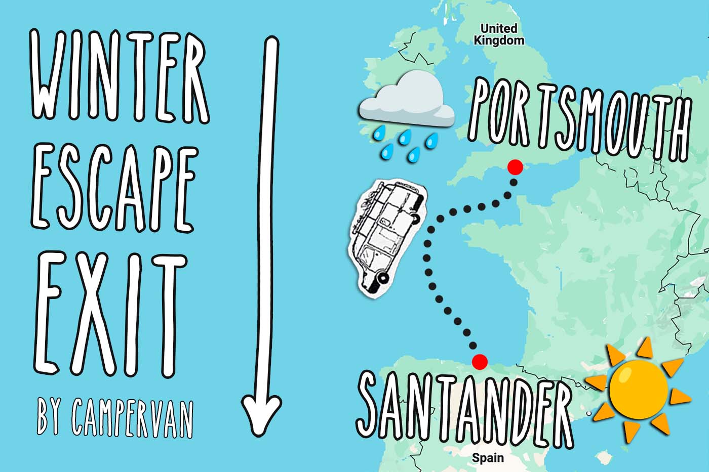 Map showing ferry route from UK to Spain