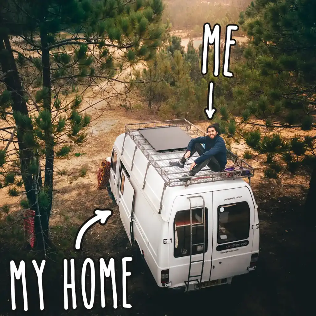 Mike Hudson (vandogtraveller) sat on his van-home roof