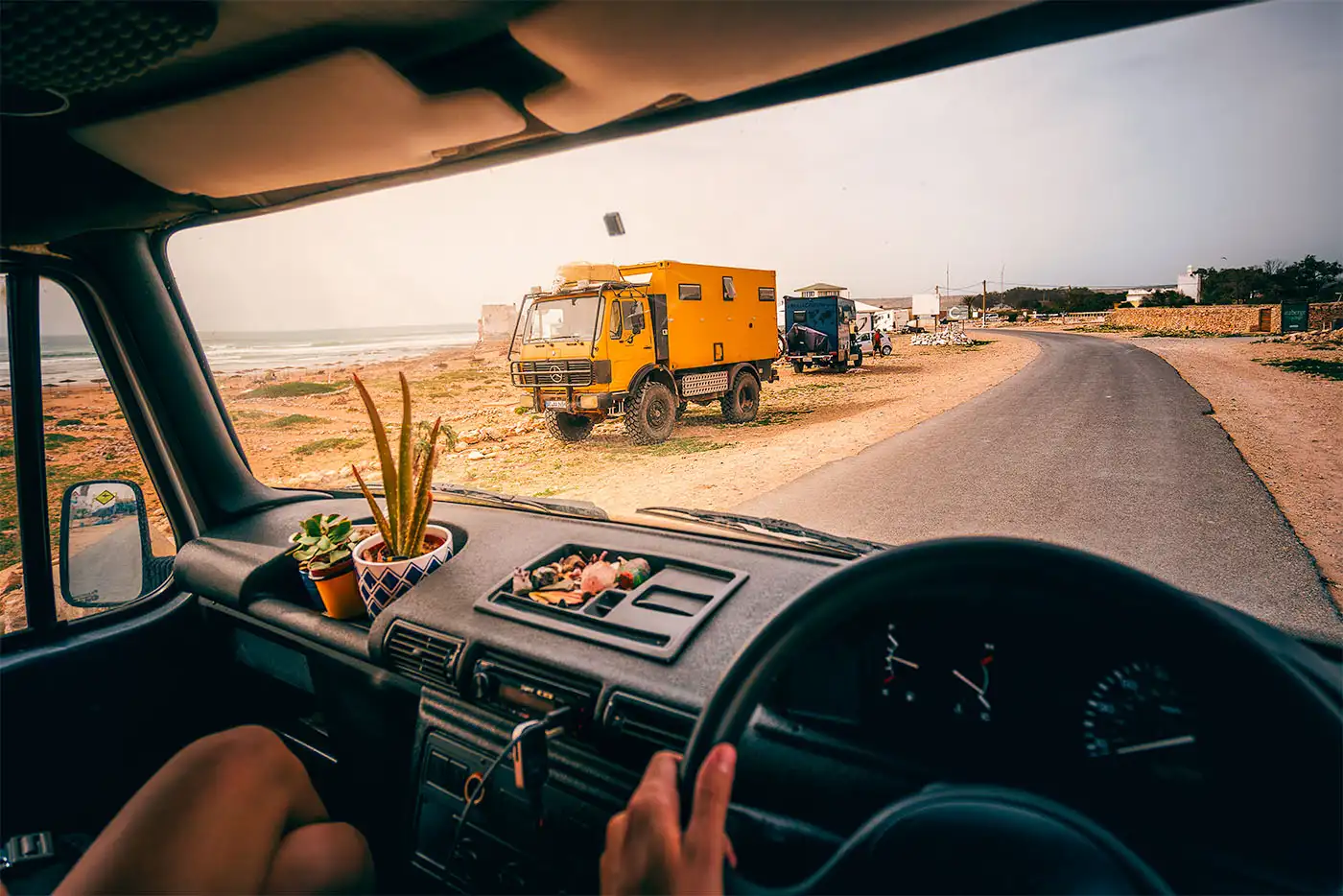 POV view from campervan arriving to Sidi Kaouki